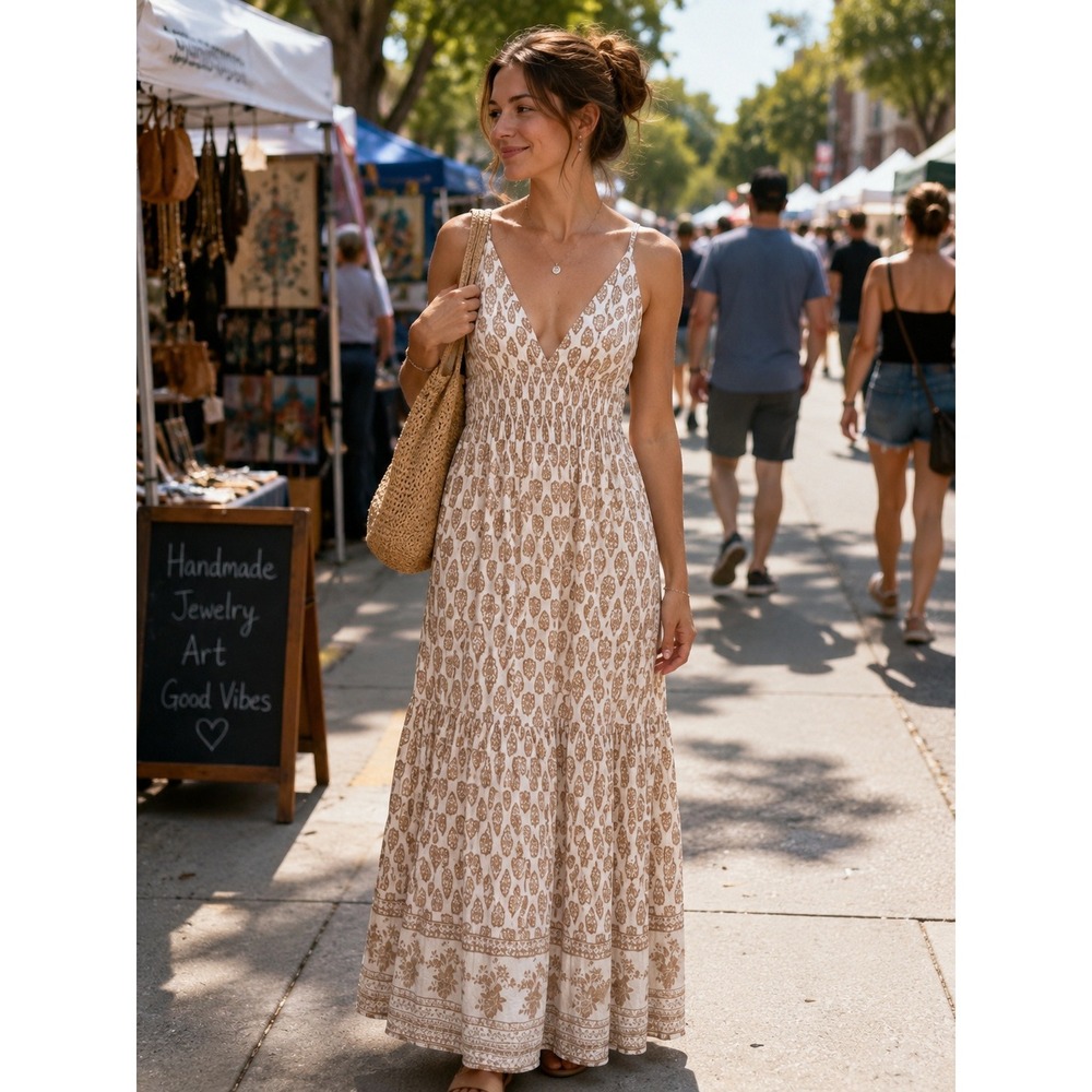 Sim & Sam Womens Small Tan Cream Paisley Smocked Tiered Maxi Dress Boho India